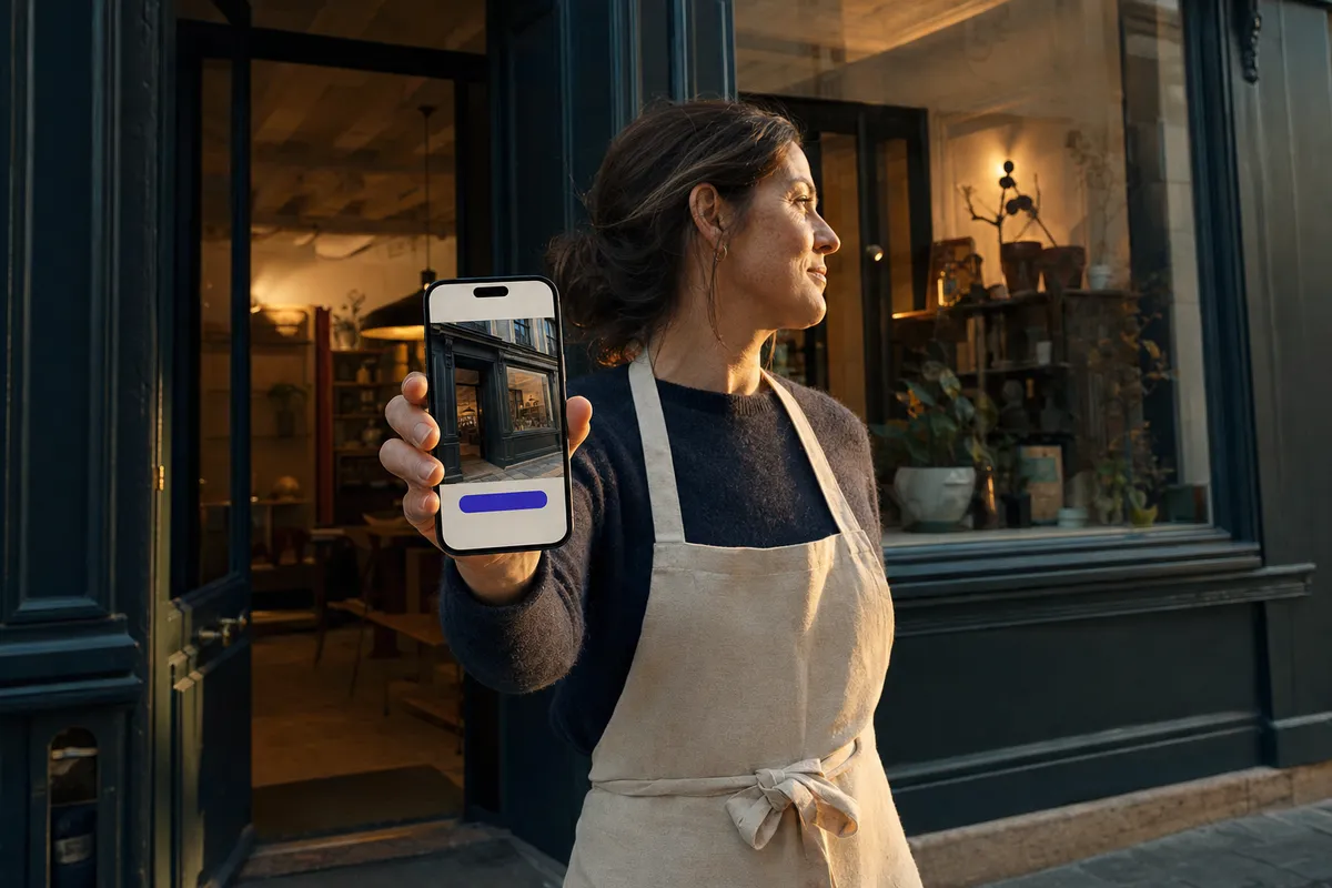 La patronne devant sa boutique, son nouveau site sur son téléphone avec la photo de sa devanture