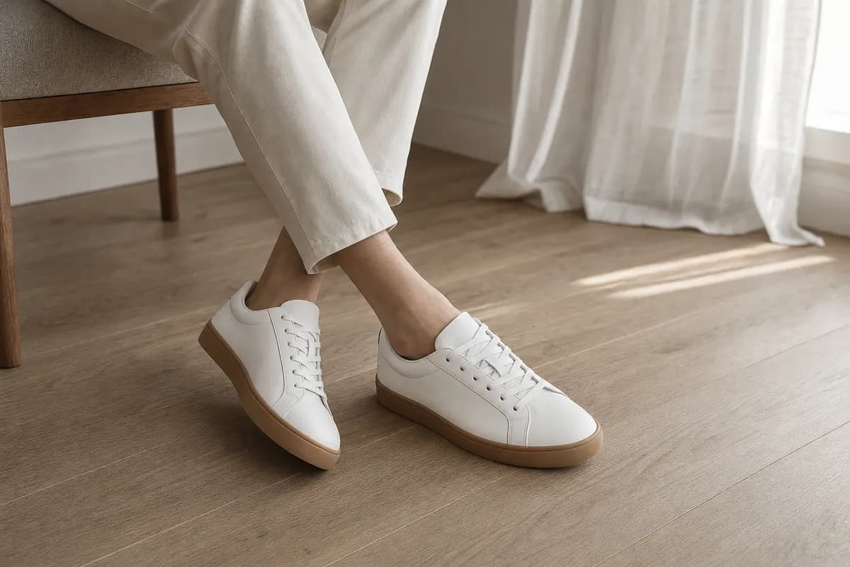 Basket en cuir blanc, porté