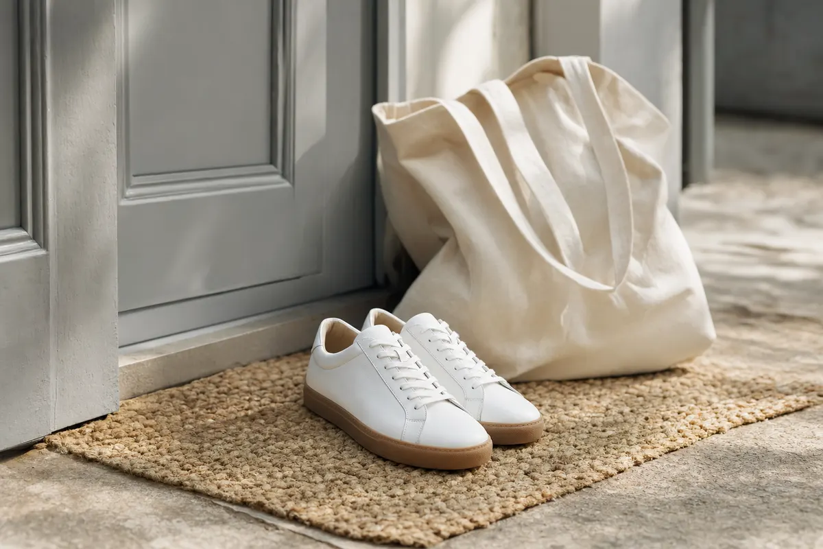 Basket en cuir blanc, en situation