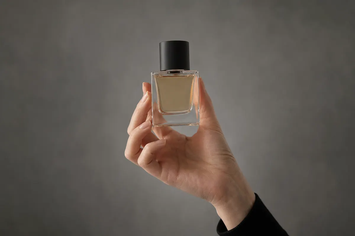 Flacon de parfum, en main